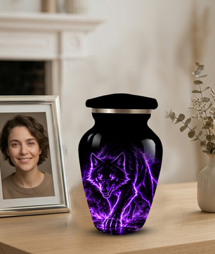 Purple Wolf Cremation Urn for Ashes | Personalized Wolf Memorial Urn | Black Wolf Adult Urn