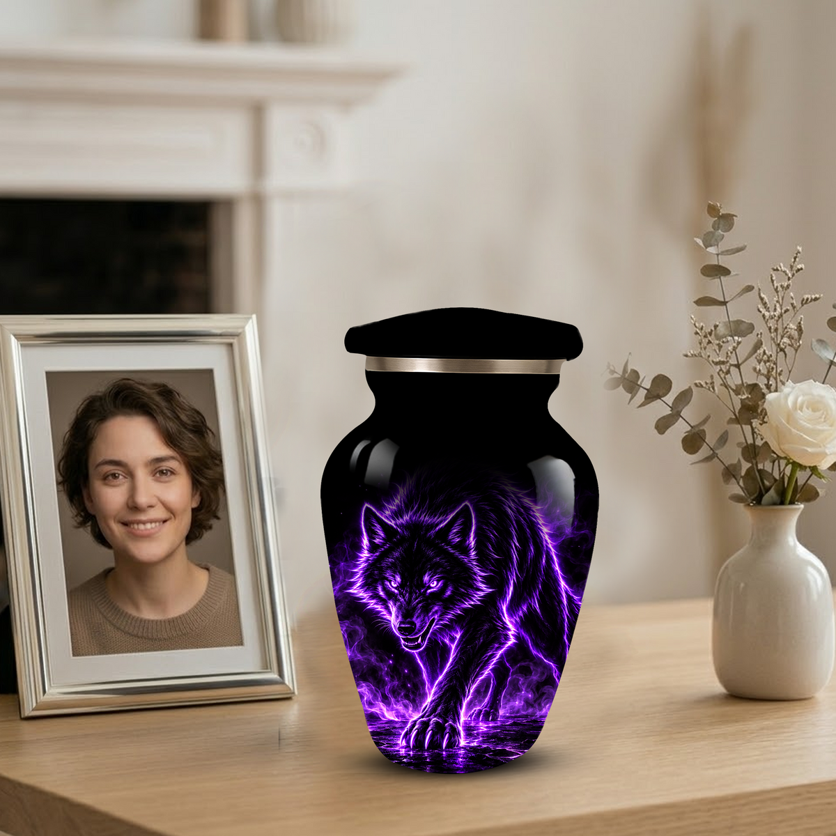 Purple Wolf Cremation Urn for Ashes | Personalized Wolf Memorial Urn | Black Wolf Adult Urn