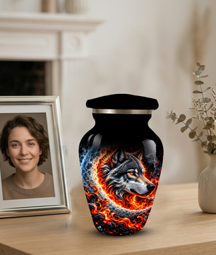 Personalized Wolf Cremation Urn for Ashes, Fiery Wolf Adult Memorial Urn,  Custom Adult Urn
