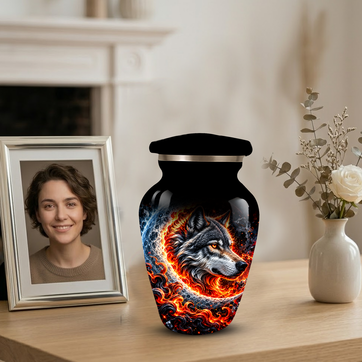 Personalized Wolf Cremation Urn for Ashes, Fiery Wolf Adult Memorial Urn,  Custom Adult Urn