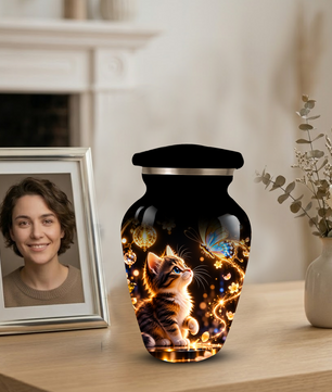 Kitten and Butterfly Cremation Urn for Adult Ashes, Personalized Cat Memorial Urn