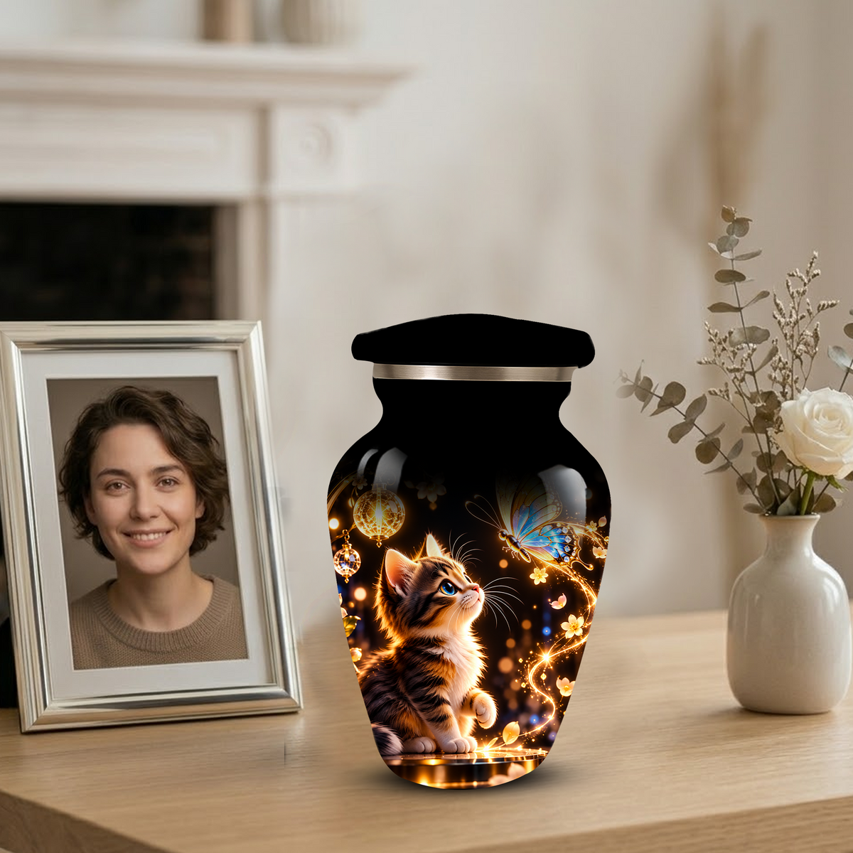 Kitten and Butterfly Cremation Urn for Adult Ashes, Personalized Cat Memorial Urn