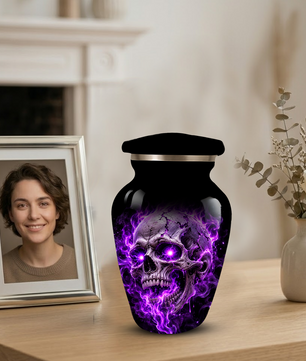 Adult Cremation Urn – Purple Skull & Flames Memorial Urn for Adult Ashes