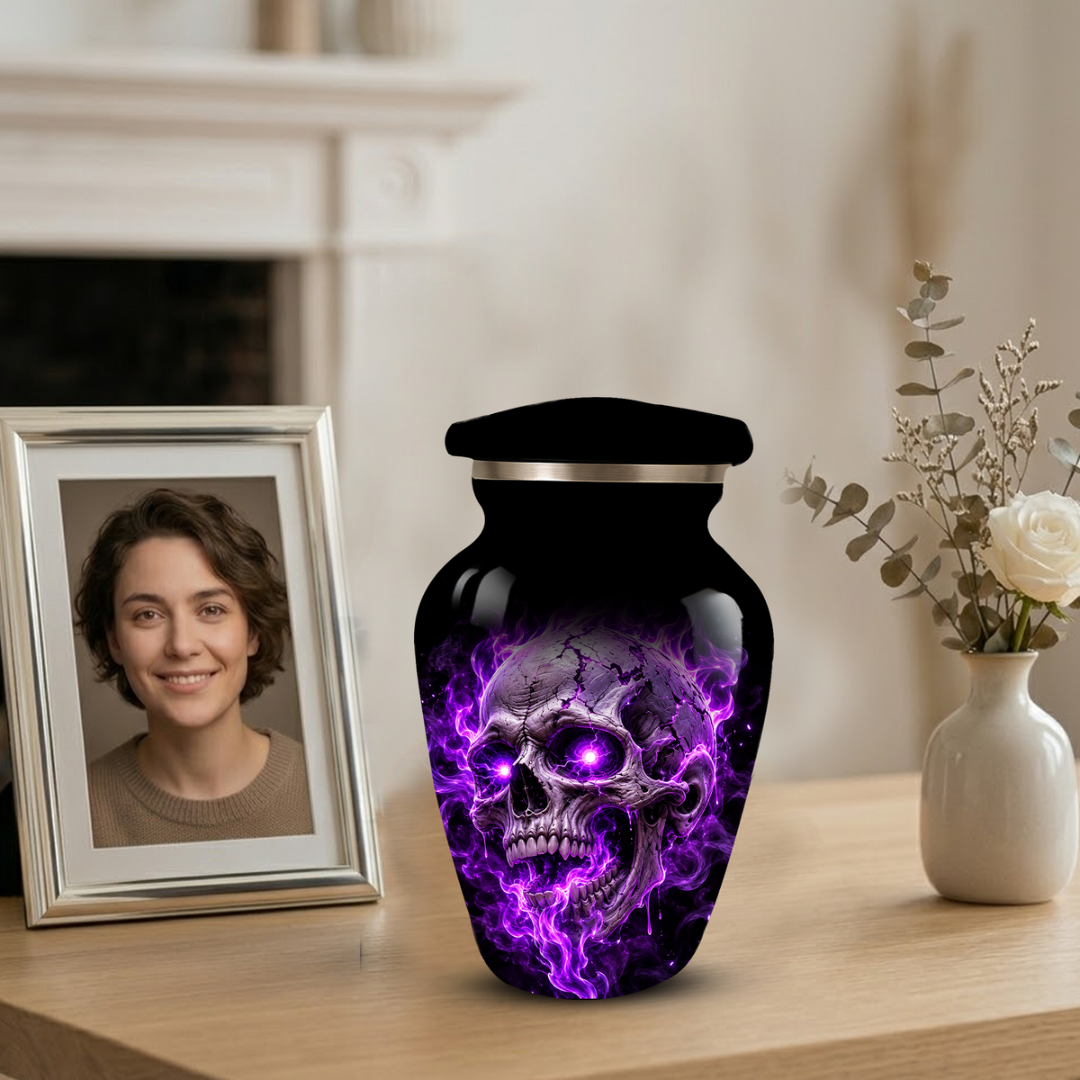 Adult Cremation Urn – Purple Skull & Flames Memorial Urn for Adult Ashes