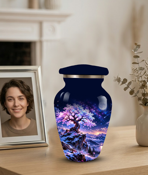 Personalized Adult Cremation Urn for Ashes, Pink Cherry Blossom Tree Memorial Urn, Custom Aluminum Urn