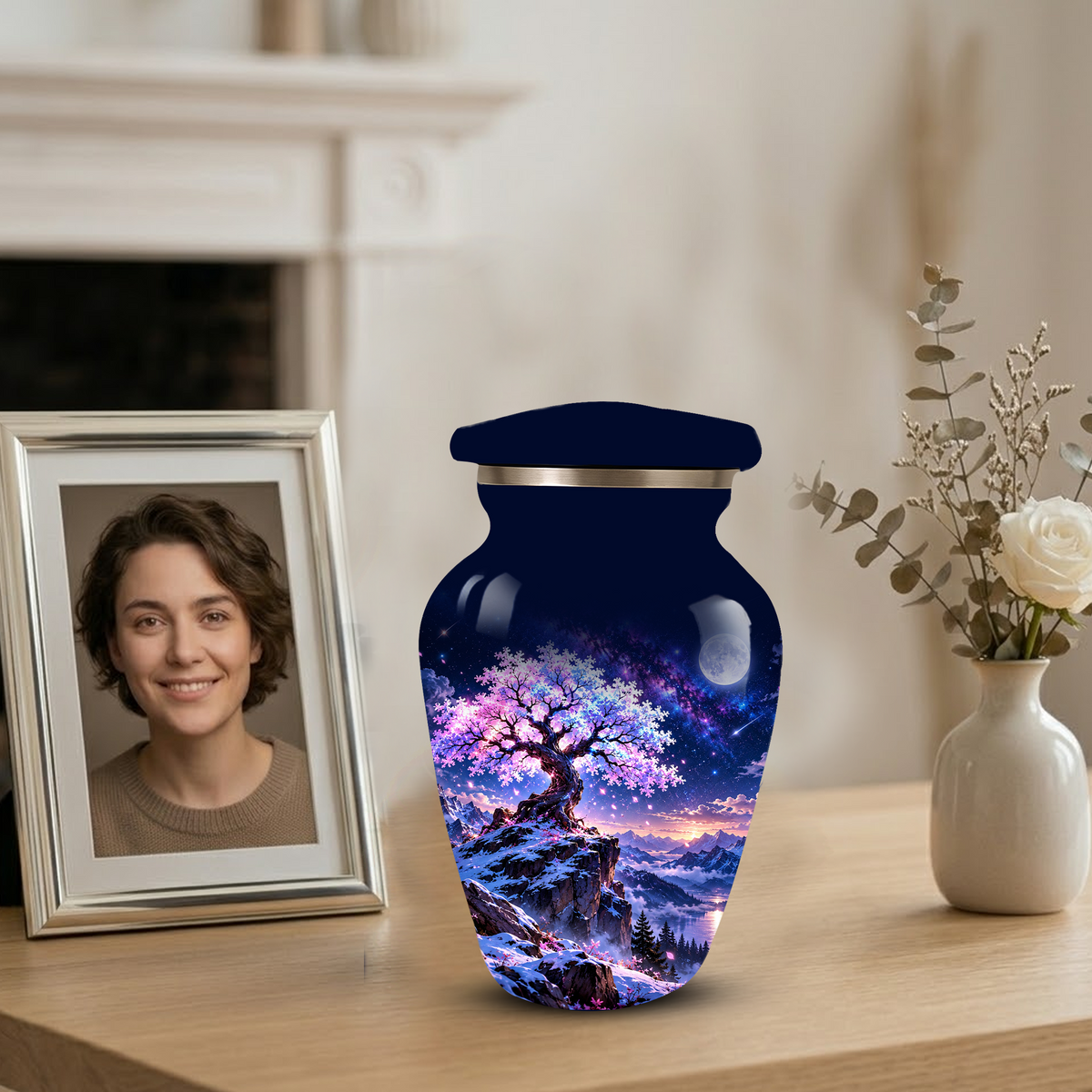 Personalized Adult Cremation Urn for Ashes, Pink Cherry Blossom Tree Memorial Urn, Custom Aluminum Urn