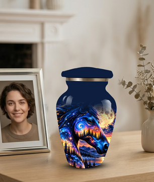 Personalized Horse Cremation Urn for Ashes, Cosmic Galaxy Horse Adult Memorial Urn, Custom Aluminum Urn
