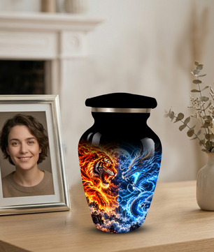 Personalized Adult Cremation Urn for Ashes, Fire and Ice Tiger and Dragon Memorial Urn