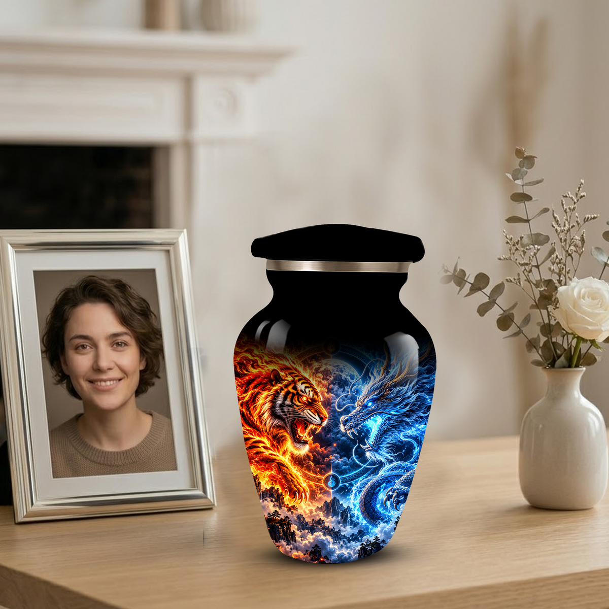 Personalized Adult Cremation Urn for Ashes, Fire and Ice Tiger and Dragon Memorial Urn