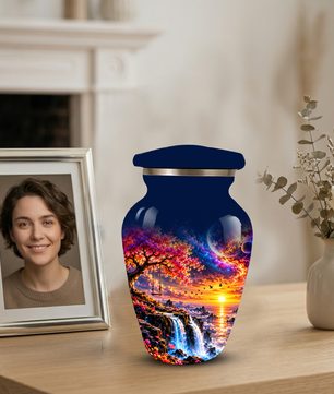 Personalized Adult Cremation Urn for Ashes, Custom Memorial Urn, Fantasy Sunset Waterfall and Cherry Blossom Design