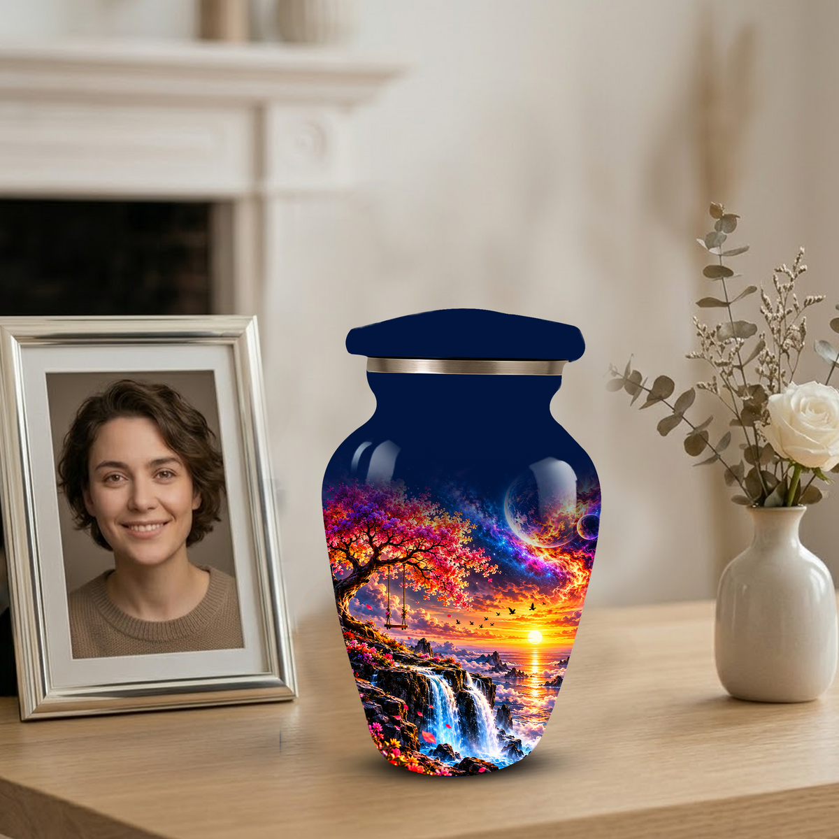 Personalized Adult Cremation Urn for Ashes, Custom Memorial Urn, Fantasy Sunset Waterfall and Cherry Blossom Design
