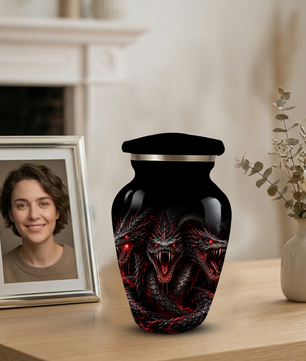 Three-Headed Dragon Cremation Urn – Black & Red Dragon Adult Memorial Urn for Ashes
