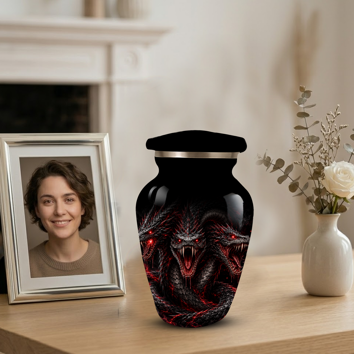 Three-Headed Dragon Cremation Urn – Black & Red Dragon Adult Memorial Urn for Ashes