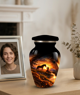 Personalized Adult Cremation Urn for Ashes, Custom Memorial Urn, Horse Sunset Artwork, Adult Urn