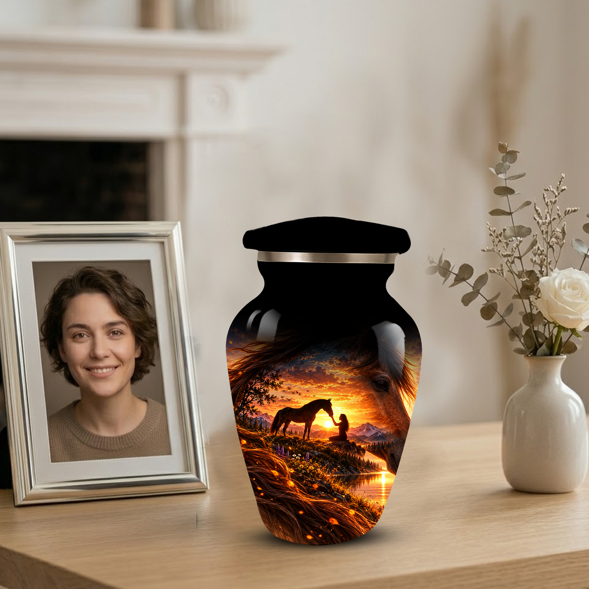Personalized Adult Cremation Urn for Ashes, Custom Memorial Urn, Horse Sunset Artwork, Adult Urn