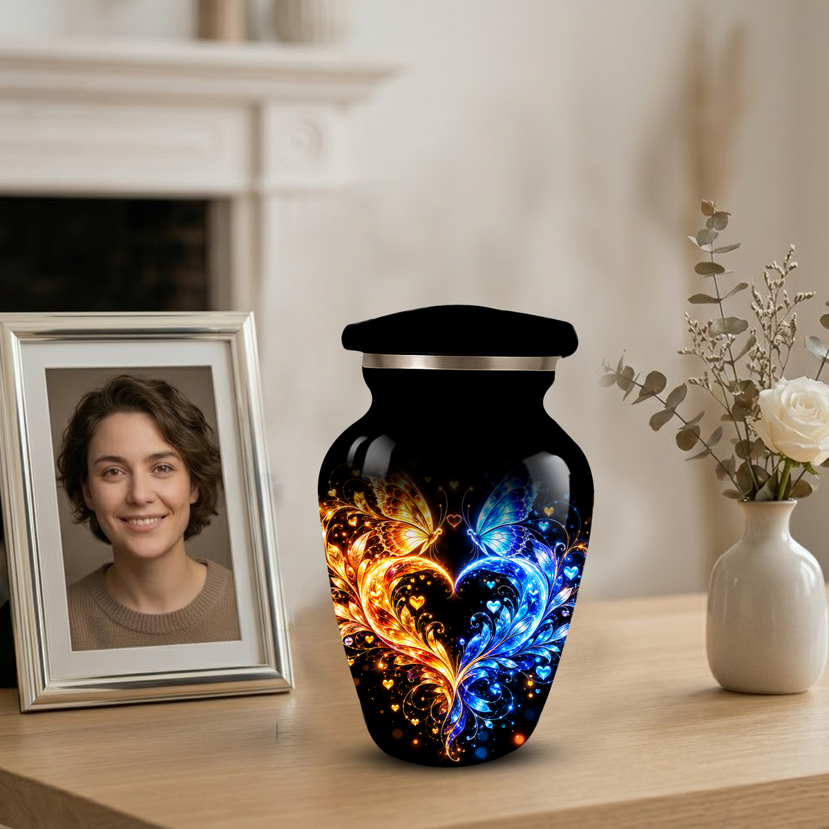 Butterfly Cremation Urn for Adult Ashes, Blue and Gold Butterflies Memorial Urn