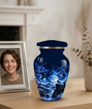 Personalized Adult Cremation Urn for Ashes, Blue Lightning Wolf Memorial Urn, Custom Wolf Howling at Moon Urn