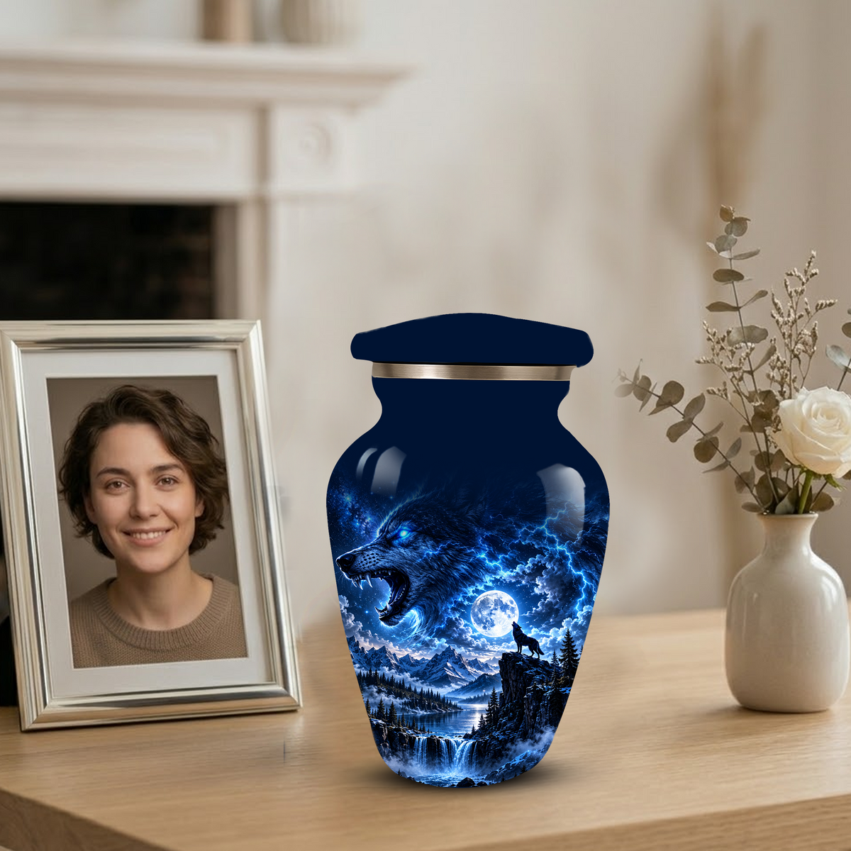 Personalized Adult Cremation Urn for Ashes, Blue Lightning Wolf Memorial Urn, Custom Wolf Howling at Moon Urn