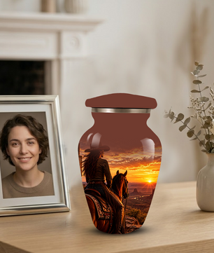 Personalized Adult Cremation Urn for Ashes, Custom Memorial Urn, Western Cowboy Horse Sunset Design