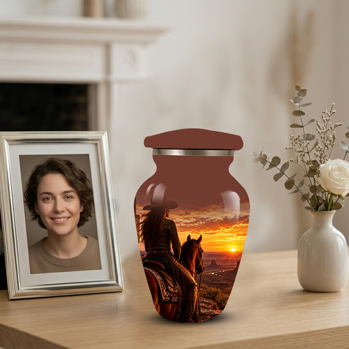 Personalized Adult Cremation Urn for Ashes, Custom Memorial Urn, Western Cowboy Horse Sunset Design