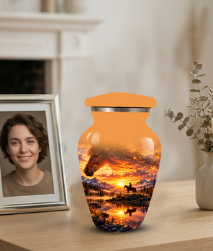 Personalized Horse Cremation Urn for Ashes, Horse Memorial Urn, Sunset Cowboy Urn