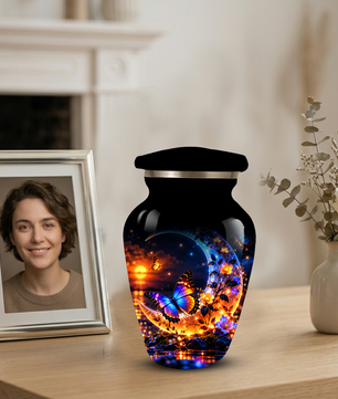 Butterfly Moon Cremation Urn for Adult Ashes, Personalized Adult Memorial Urn with Sunset and Floral Design