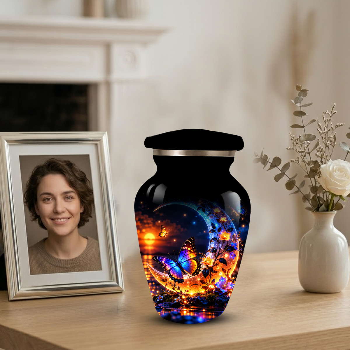 Butterfly Moon Cremation Urn for Adult Ashes, Personalized Adult Memorial Urn with Sunset and Floral Design