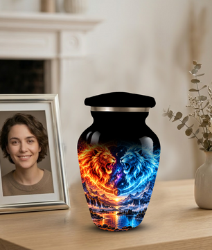 Personalized Adult Cremation Urn for Ashes, Fire and Ice Twin Lion Memorial Urn