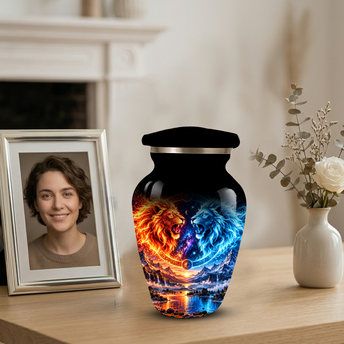 Personalized Adult Cremation Urn for Ashes, Fire and Ice Twin Lion Memorial Urn