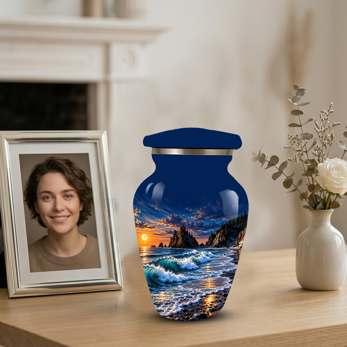 Personalized Adult Cremation Urn for Ashes, Custom Memorial Urn, Ocean Waves and Sunset Design