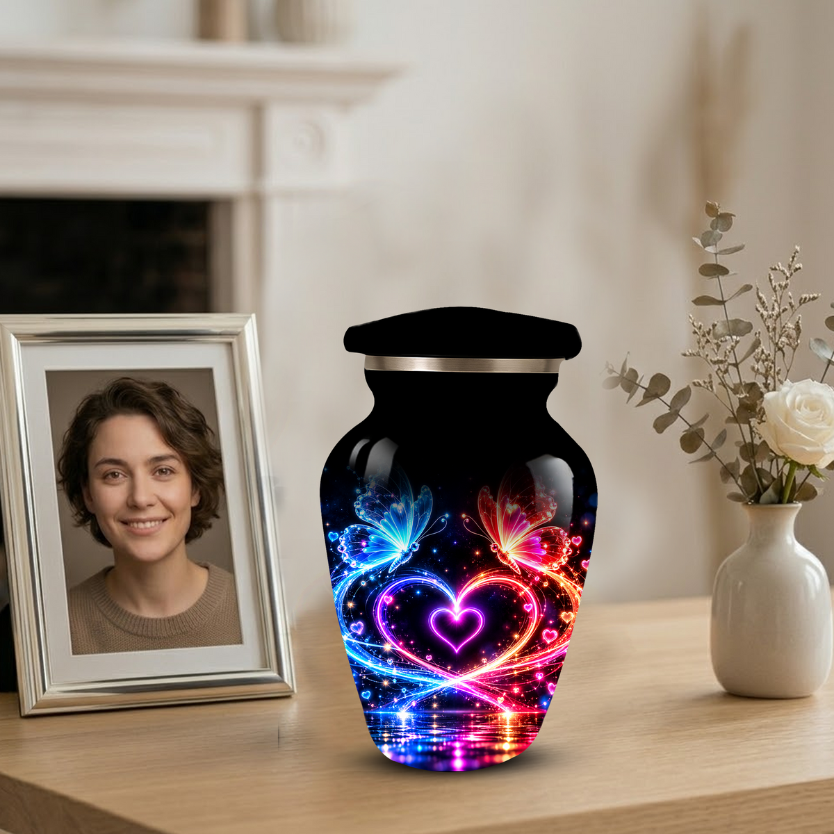 Personalized Butterfly Cremation Urn for Ashes, Heart Memorial Adult Urn, Blue and Red Cremation Urn