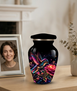 Hummingbird and Rose Cremation Urn for Adult Ashes – Personalized Aluminum Memorial Urn