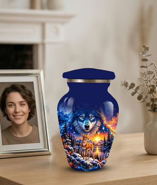 Personalized Wolf and Deer Adult Cremation Urn for Ashes, Wildlife Memorial Urn