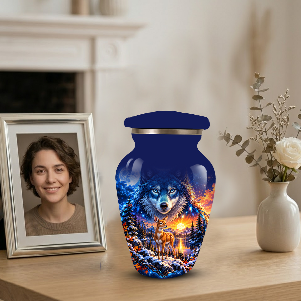 Personalized Wolf and Deer Adult Cremation Urn for Ashes, Wildlife Memorial Urn