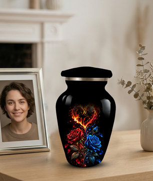 Red & Blue Rose Heart Cremation Urn for Ashes | Personalized Adult Memorial Urn