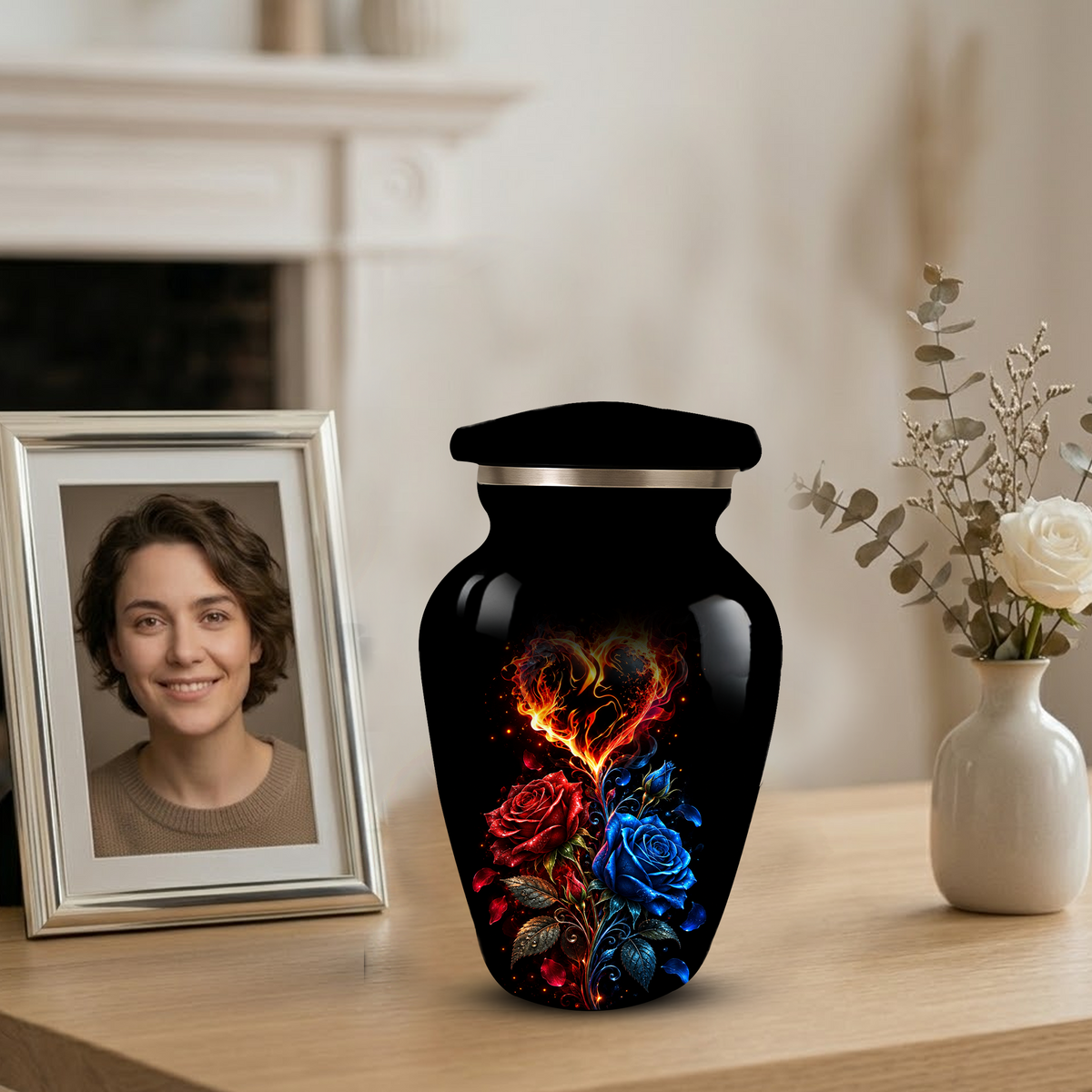 Red & Blue Rose Heart Cremation Urn for Ashes | Personalized Adult Memorial Urn