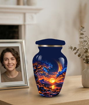 Celestial Moon Cremation Urn for Adult Ashes,  Glowing Crescent Moon, Sunset Mountains and Starry Lake Artwork