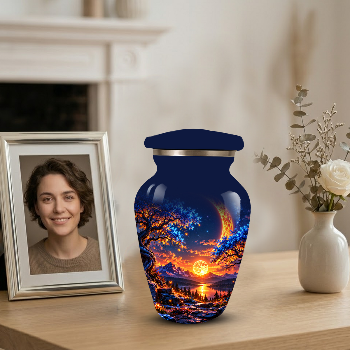 Celestial Moon Cremation Urn for Adult Ashes,  Glowing Crescent Moon, Sunset Mountains and Starry Lake Artwork