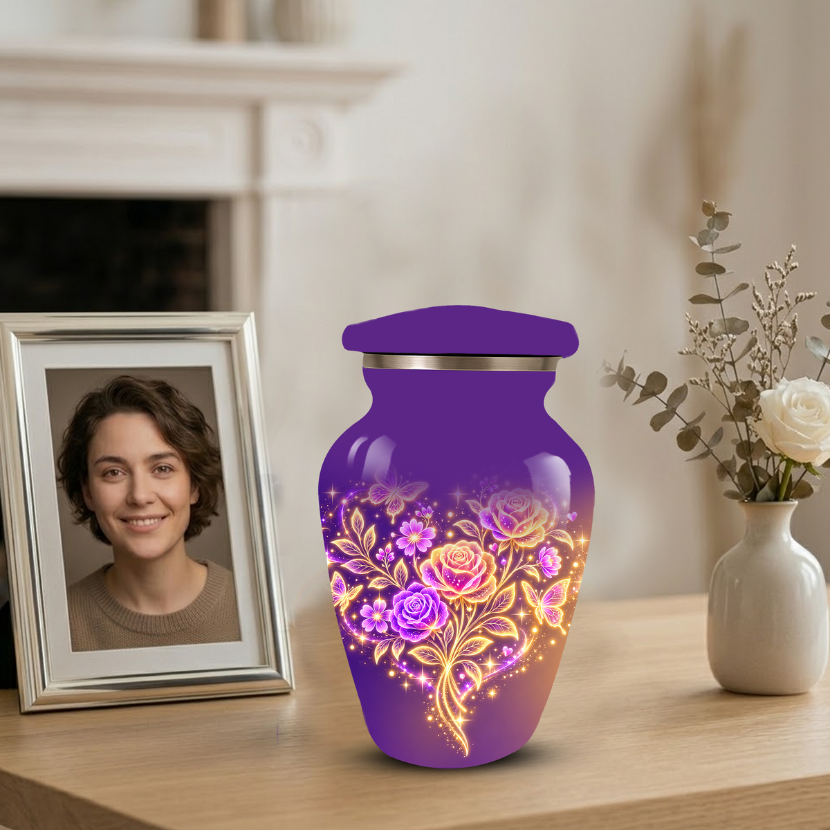 Purple Rose & Butterfly Cremation Urn for Ashes | Personalized Floral Memorial Urn | Handmade Adult Urn for Human Ashes