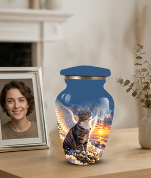 Angel Cat Cremation Urn for Ashes,Heavenly Cat Memorial with Wings, Custom Pet Lover Urn