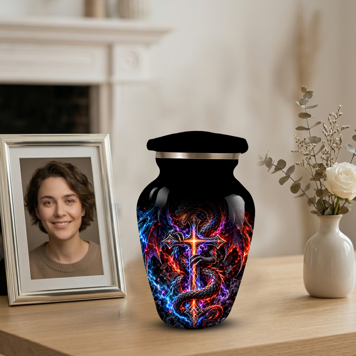 Adult Cremation Urn – Dragon & Cross Memorial Urn for Adult Ashes