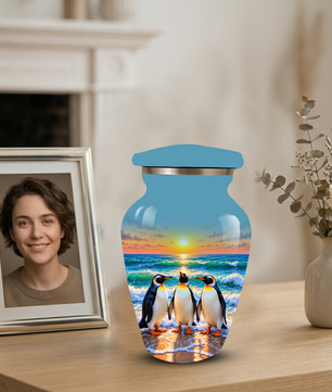 , Penguin Beach Sunset Memorial Urn, Ocean-Themed Urn for Human Ashes