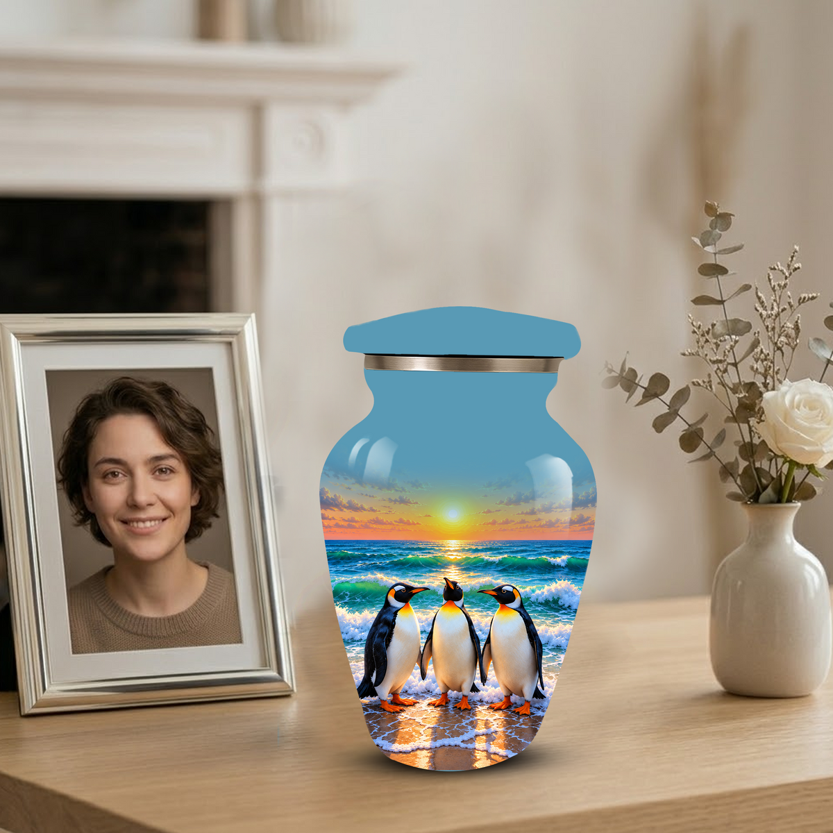 , Penguin Beach Sunset Memorial Urn, Ocean-Themed Urn for Human Ashes