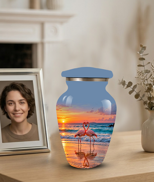 Flamingo Cremation Urn for Ashes, Romantic Beach Sunset Design, Custom Urn for Loved Ones