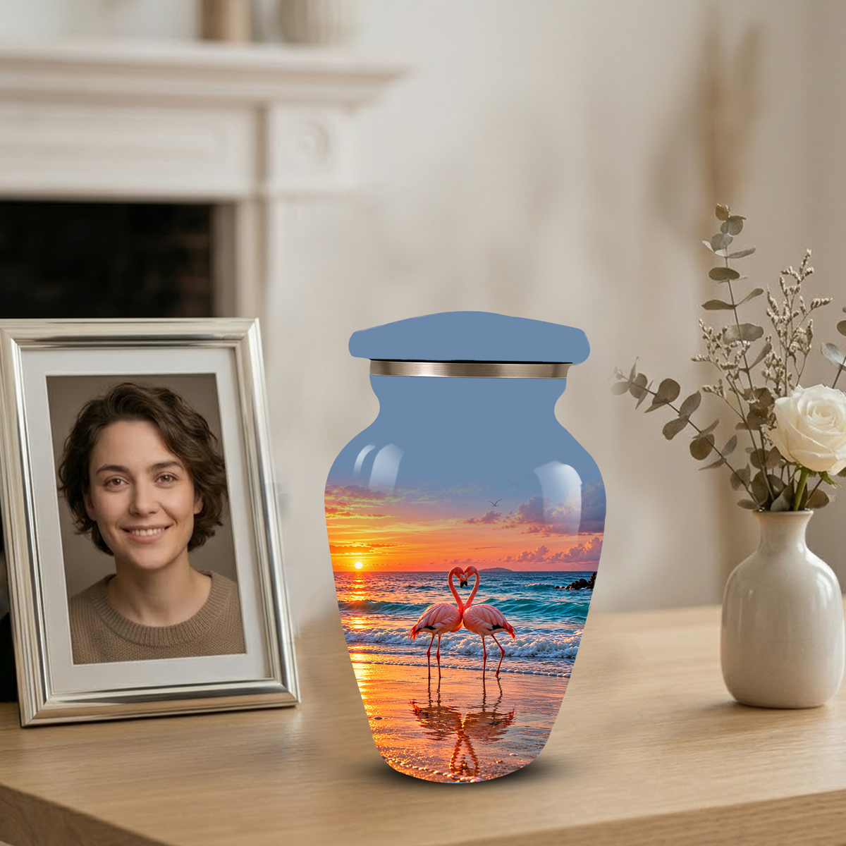 Flamingo Cremation Urn for Ashes, Romantic Beach Sunset Design, Custom Urn for Loved Ones