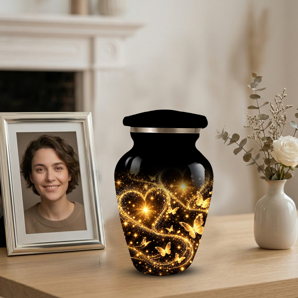 Personalized Adult Cremation Urn for Ashes, Golden Butterfly Heart Memorial Urn, Custom Adult Urn