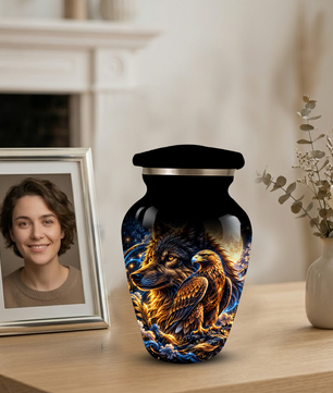 Wolf and Eagle Cremation Urn for Adult Ashes, Black Memorial Urn with Golden Eagle, Majestic Wolf and Celestial Artwork