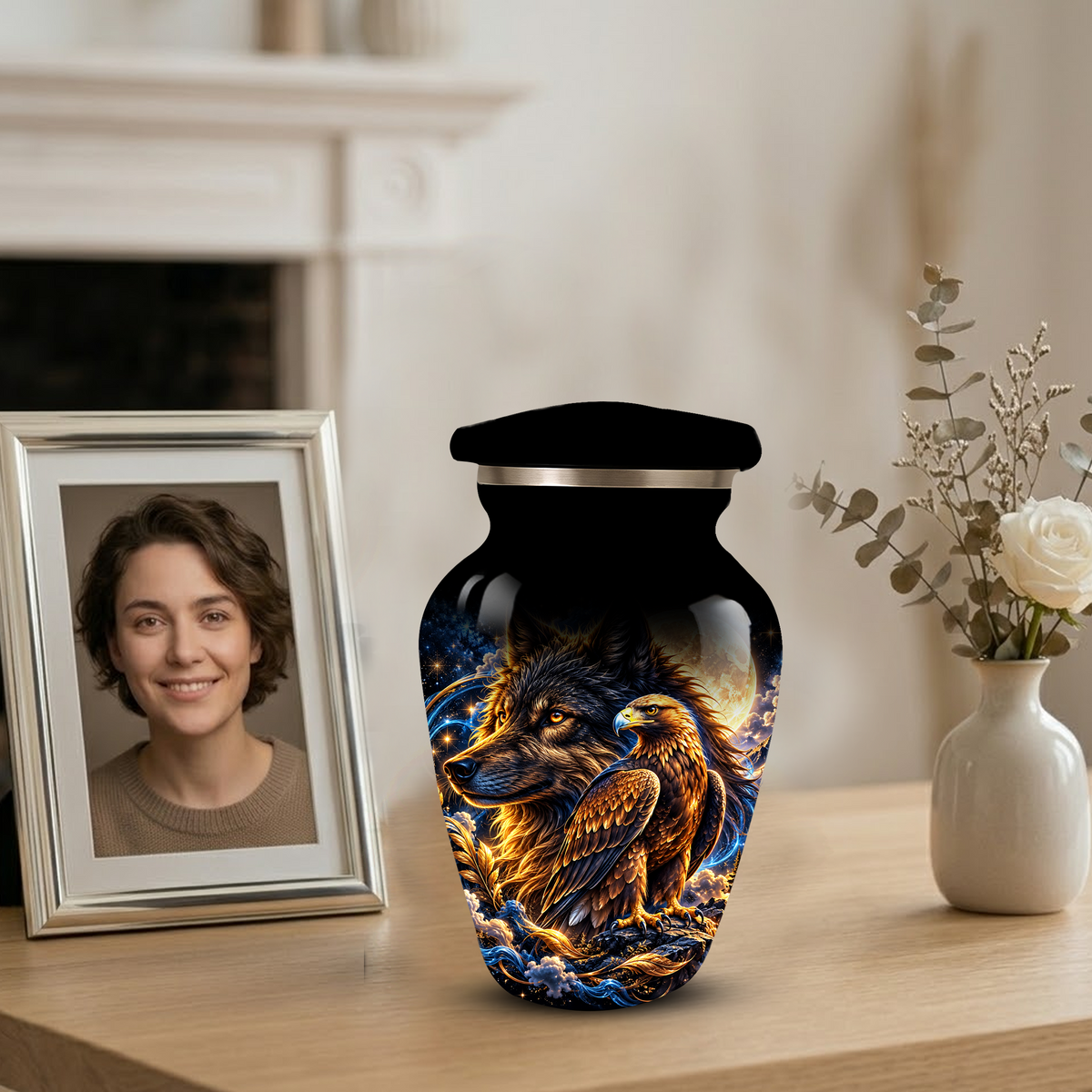 Wolf and Eagle Cremation Urn for Adult Ashes, Black Memorial Urn with Golden Eagle, Majestic Wolf and Celestial Artwork