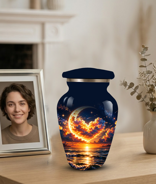 Personalized Adult Cremation Urn for Ashes, Golden Crescent Moon Ocean Memorial Urn, Custom Urn