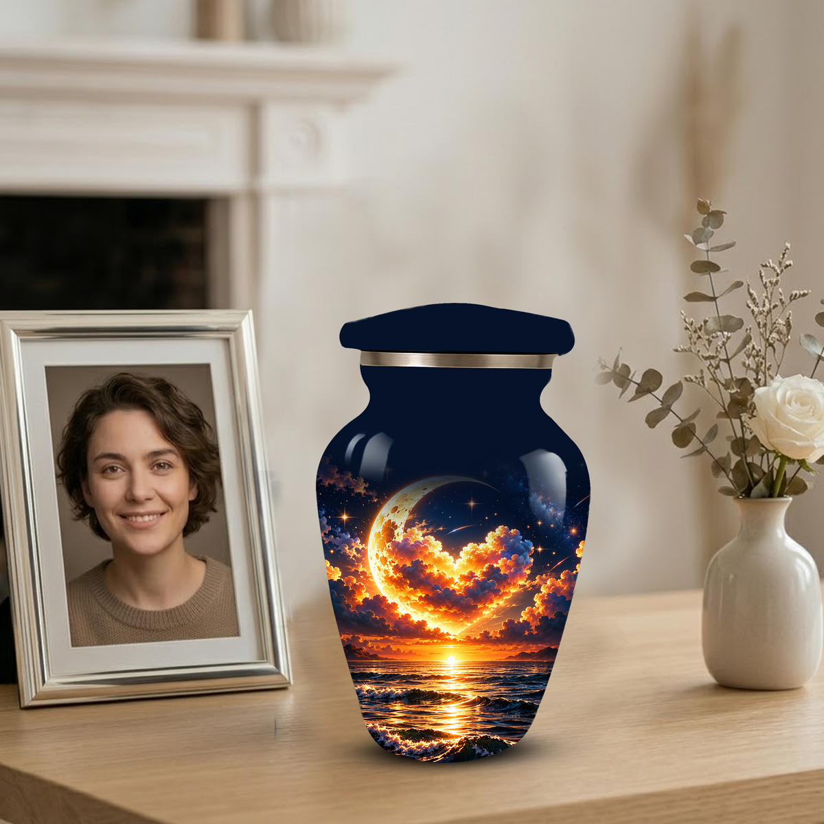 Personalized Adult Cremation Urn for Ashes, Golden Crescent Moon Ocean Memorial Urn, Custom Urn